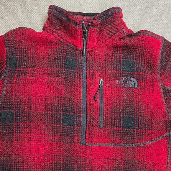 North Face Men's Small Red Buffalo Plaid Gordon Lyons 1/2 Zip Sweater Fleece - Picture 3 of 9